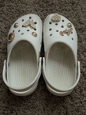 CROCS Kids White Clogs with Gold Decorative Charms